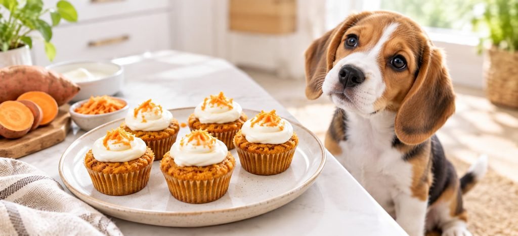Sweet potato pupcakes with yogurt frosting and a curious beagle puppy