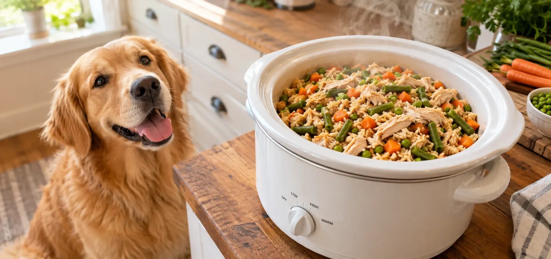 Easy crockpot dog food recipe with chicken, rice, and vegetables in a slow cooker.