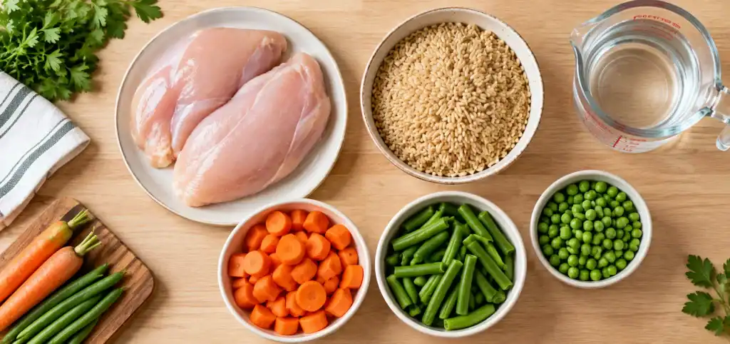 ngredients for homemade dog food crockpot chicken recipe laid out on a wooden table.