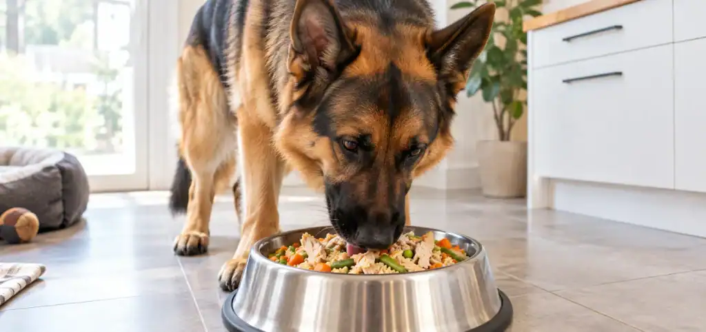 Large dog eating crockpot dog food from a bowl.