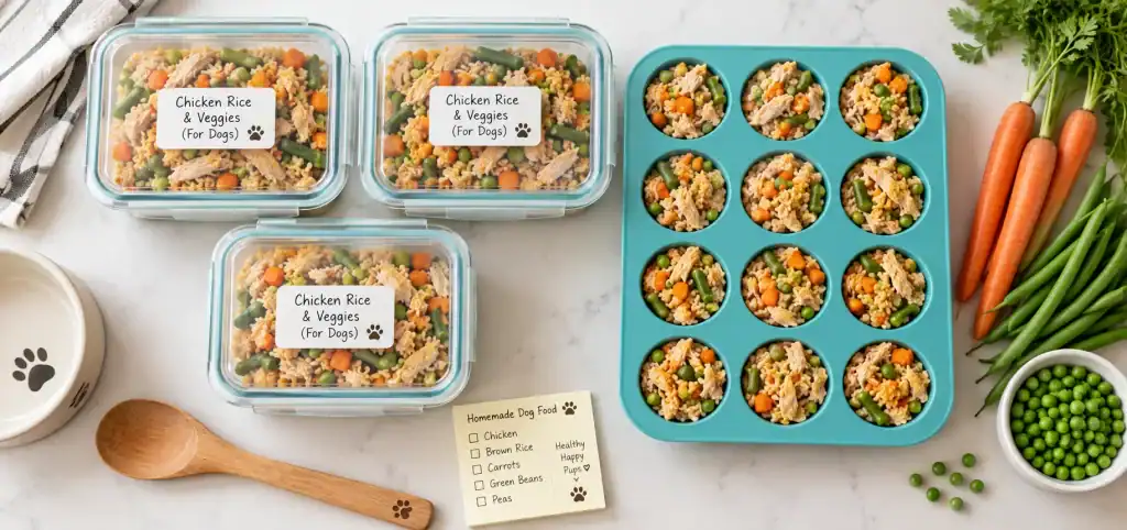 Homemade crockpot dog food stored in containers and a silicone tray for freezing.