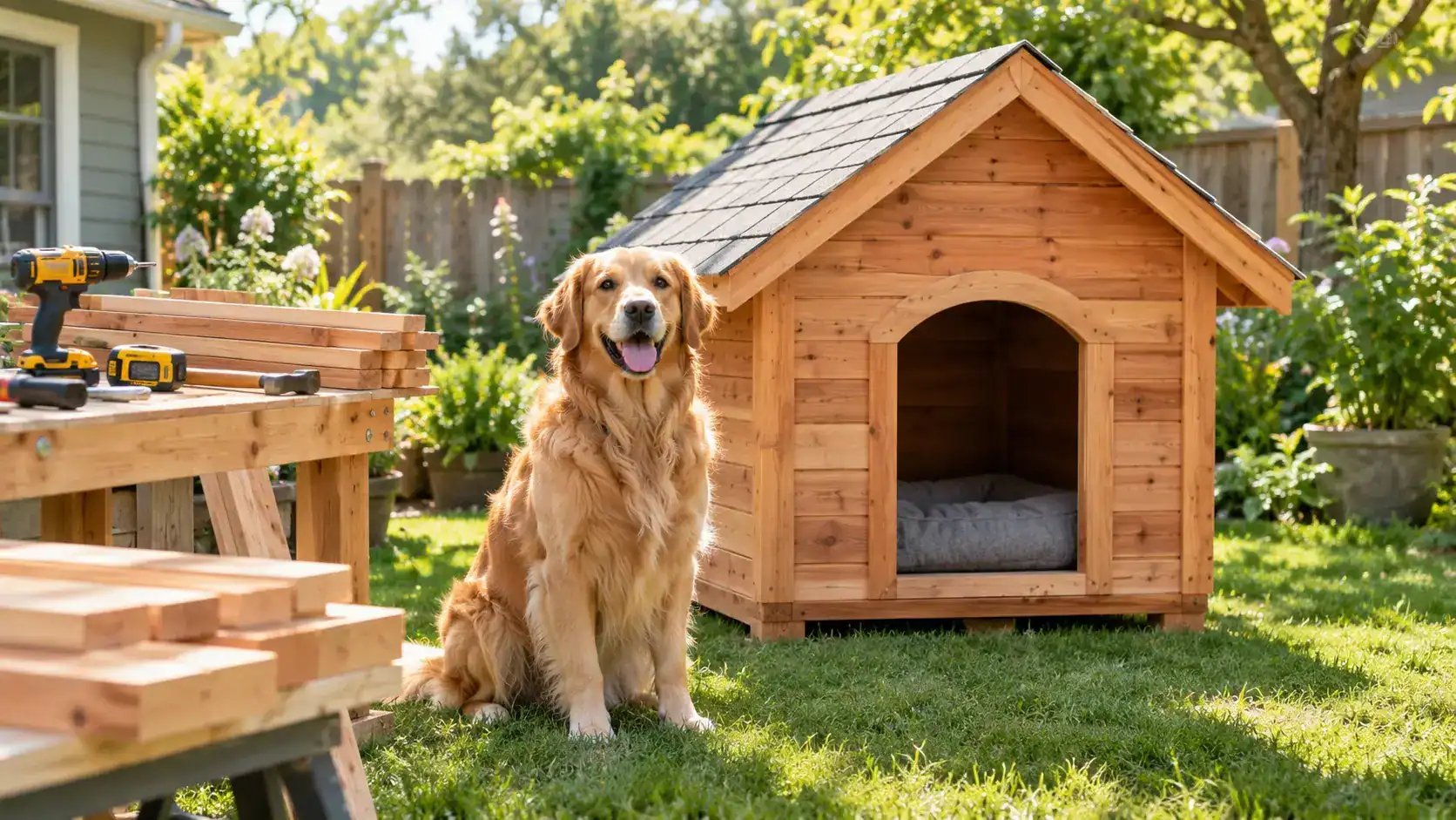 DIY dog house plans for any dog size with a happy dog outside a handmade wooden house
