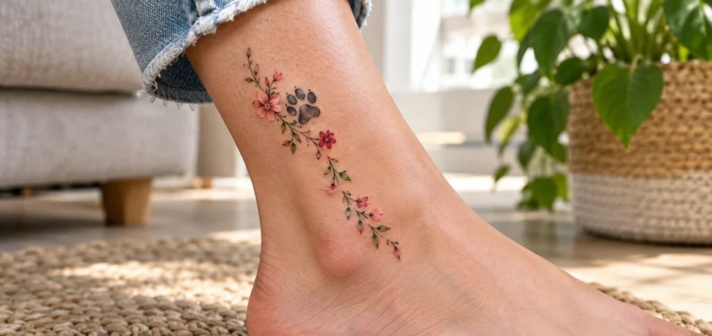 Minimalist paw print tattoo with flowers on an ankle, one of the best dog tattoo ideas