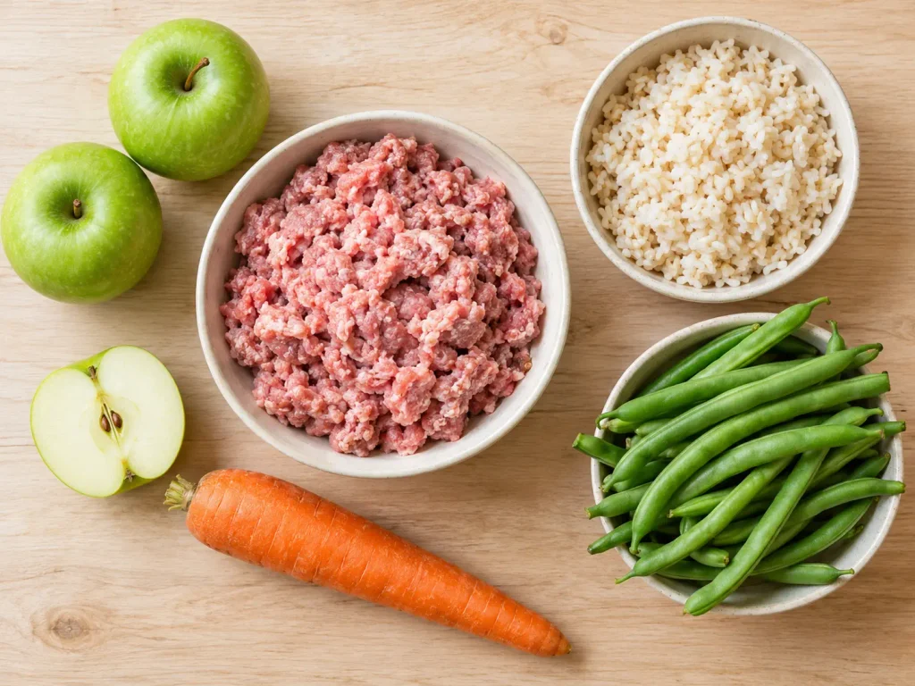 Ingredients for homemade pork, apple and green bean dog food