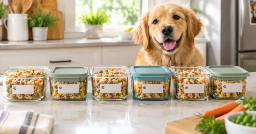 Meal prep containers of homemade dog food for freezing