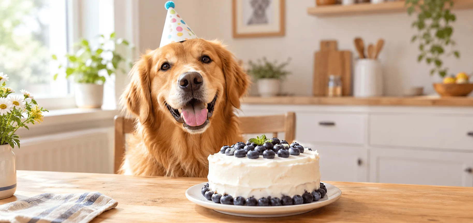 Golden retriever with a party hat beside a homemade dog birthday cake with yogurt frosting