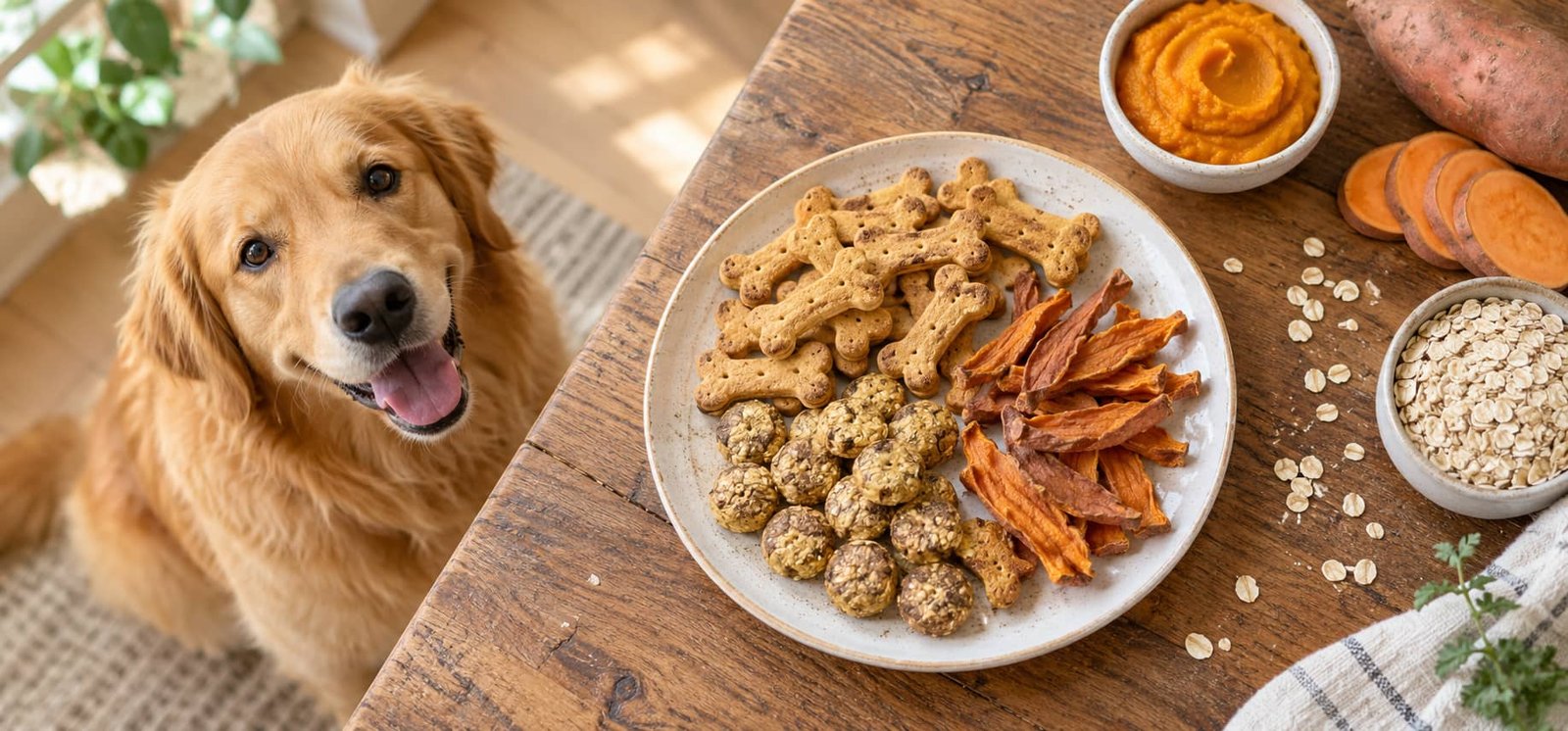 Homemade dog treats recipes with vet-approved ingredients on a wooden table