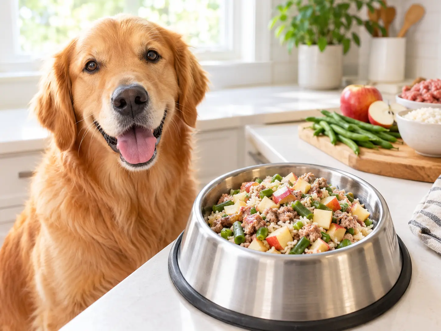 Homemade copycat Farmer’s Dog recipe with pork, apple and green beans in a dog bowl