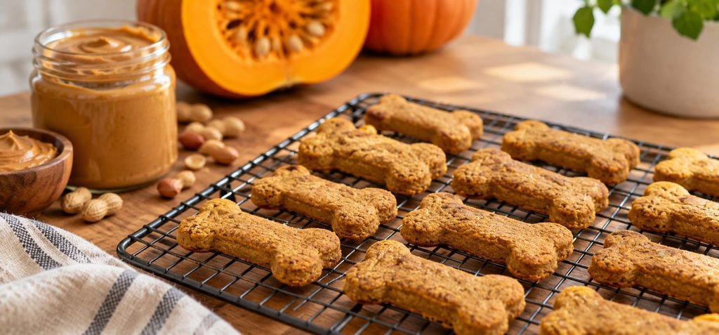 Peanut butter pumpkin homemade dog treats cooling on a rack