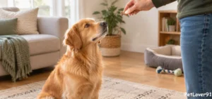 Owner rewarding a sitting dog with a treat during a training session