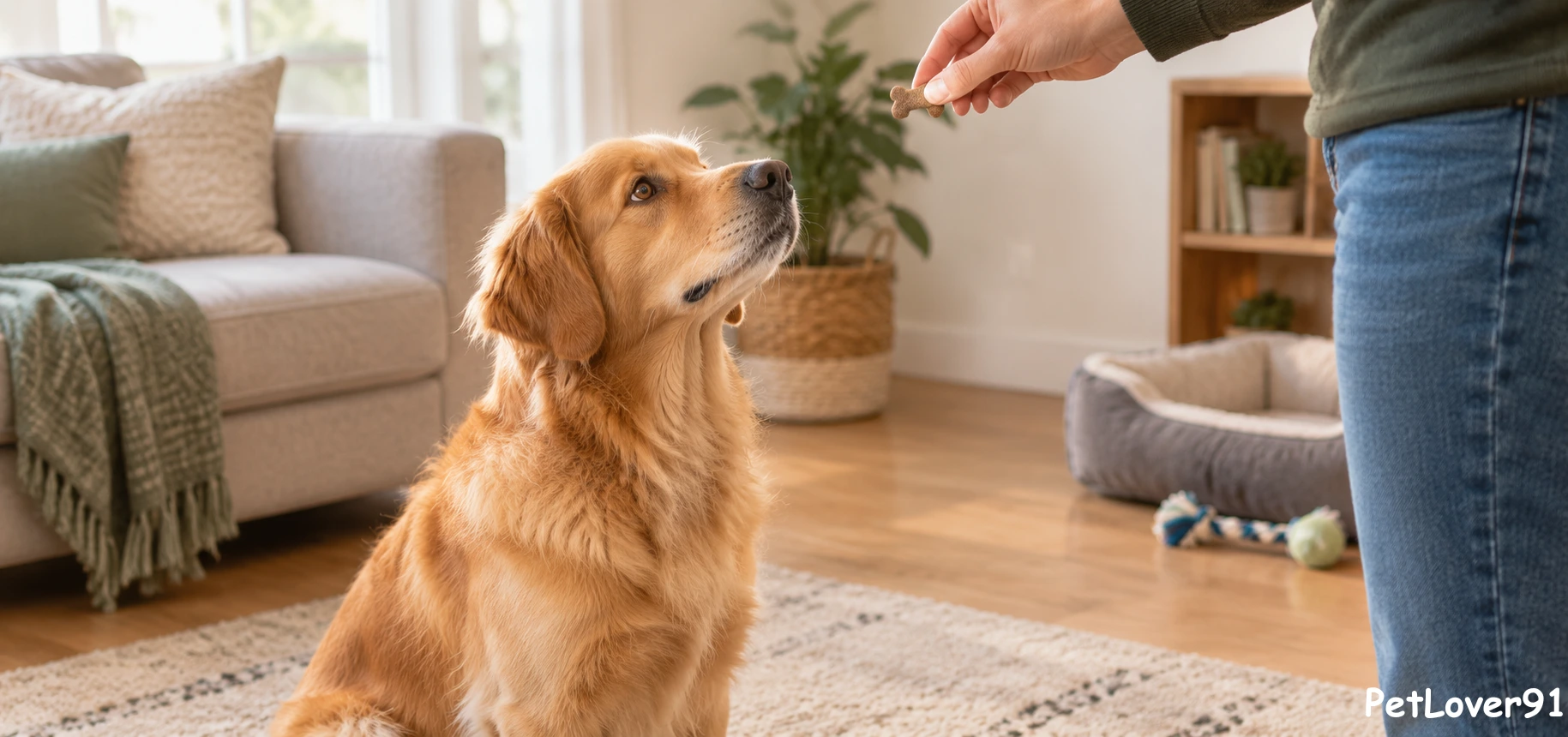 Owner rewarding a sitting dog with a treat during a training session
