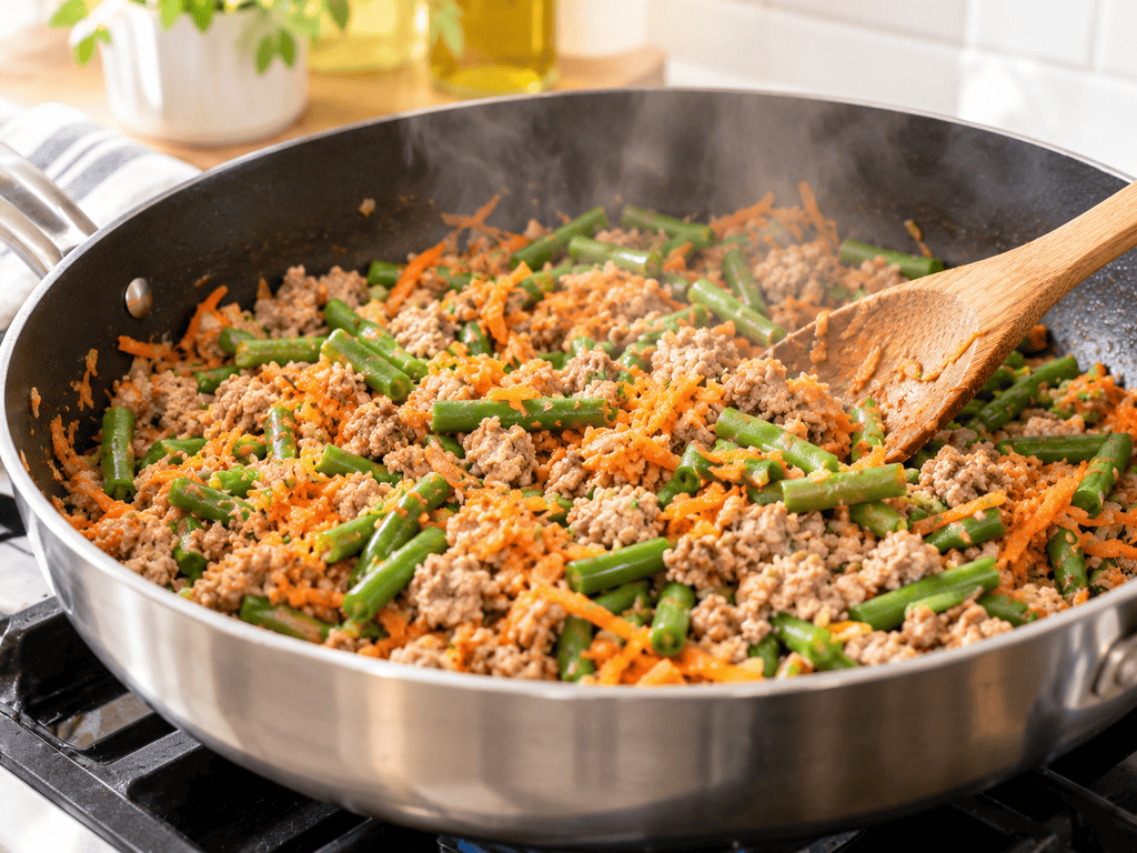 Cooking pork and green beans in a pan for homemade dog food