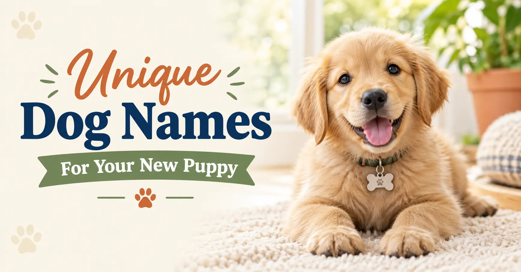 Golden retriever puppy with a list of unique dog names for a new puppy