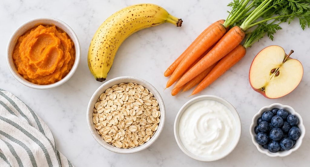 Flat lay of dog-safe cake ingredients including pumpkin, banana, carrot, apple, oats, and yogurt