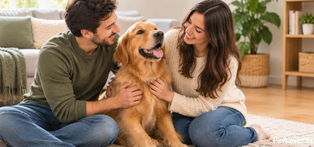 Comparison of a stressed dog being scolded and a relaxed dog receiving praise and a treat