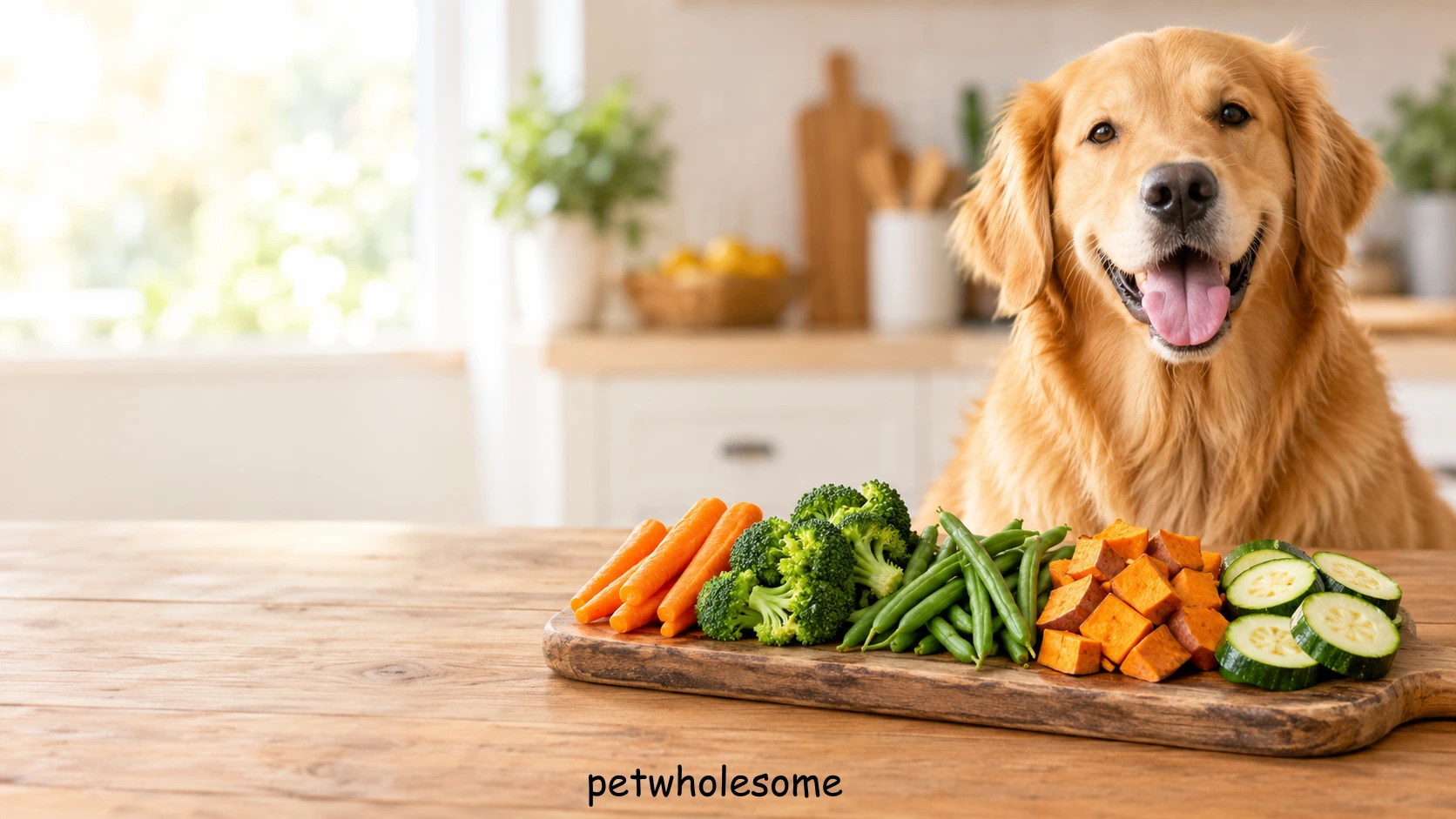 Golden retriever with carrots, broccoli, green beans, sweet potato, and zucchini, the best vegetables for dogs